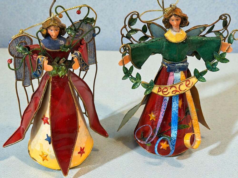 Set of 2 Vintage Kurt Adler Painted Punched Metal Angel Ornaments 9 in